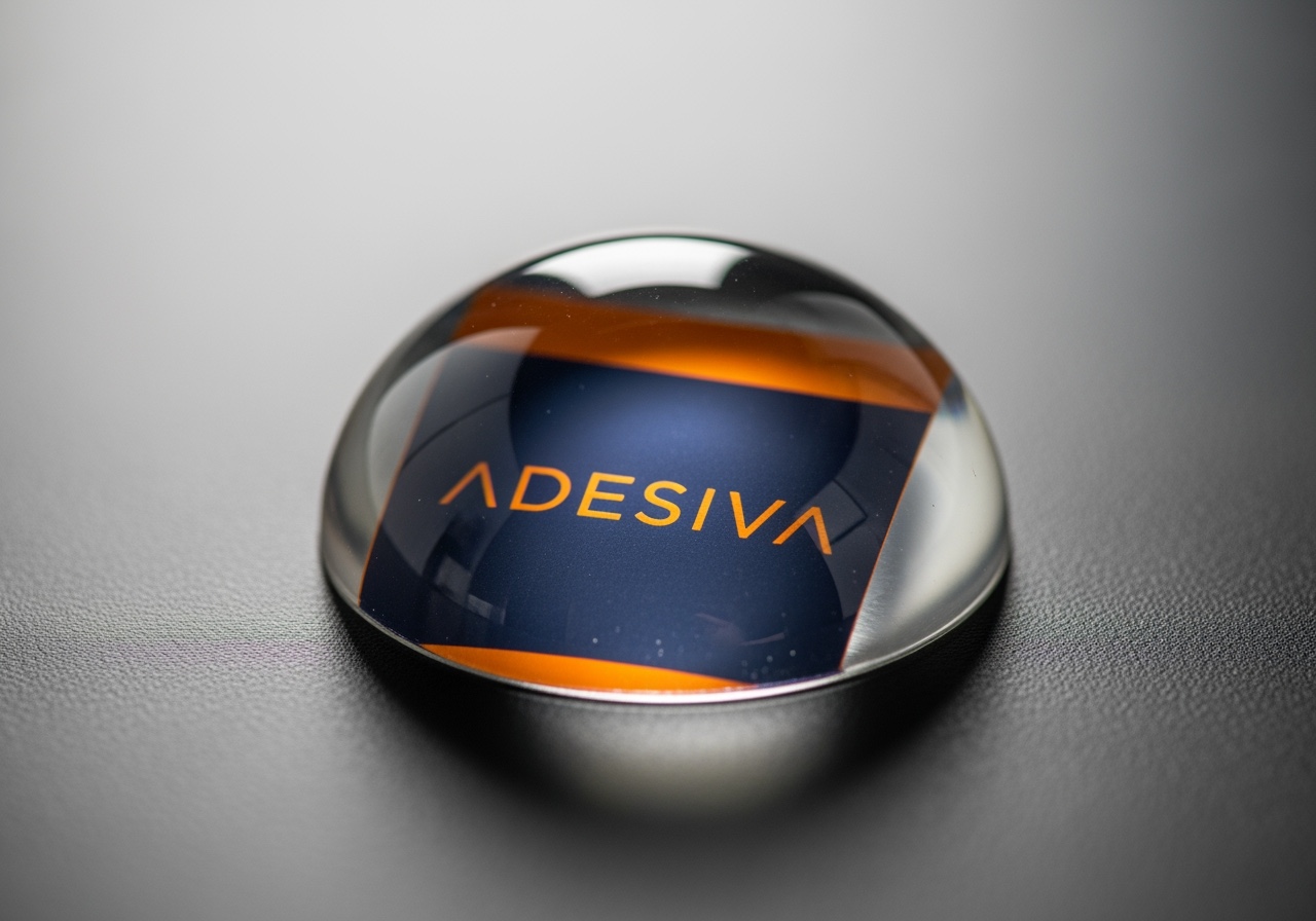 Detalhe de etiqueta resinada com acabamento 3D — produção Adesiva