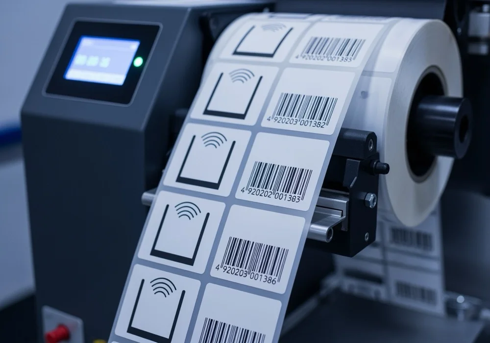 Codificação RFID + Personalização — linha de produção Adesiva